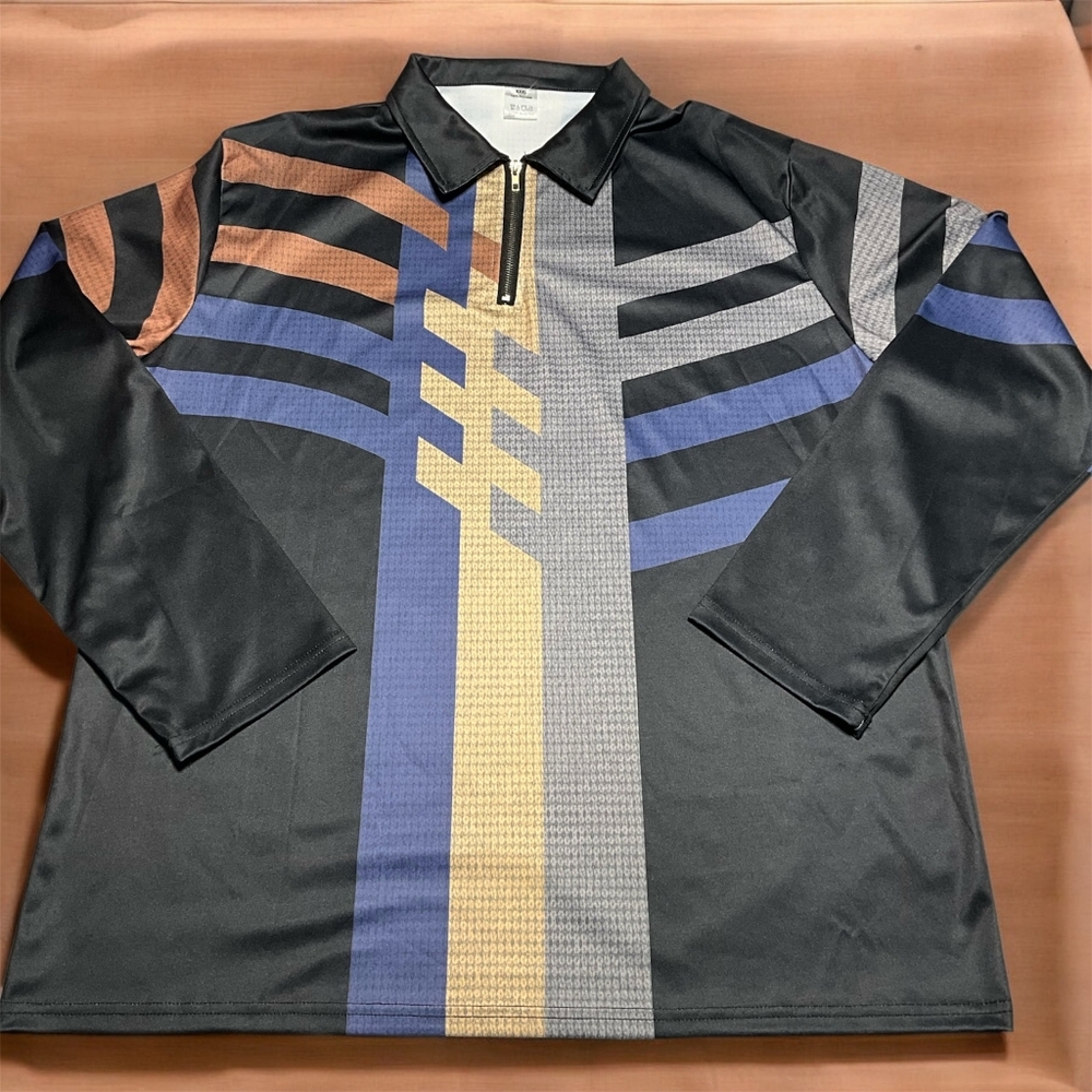 Men's Black Multicolor 1/4 Zip Long Sleeve Polo Shirt Geometric Size XXXL